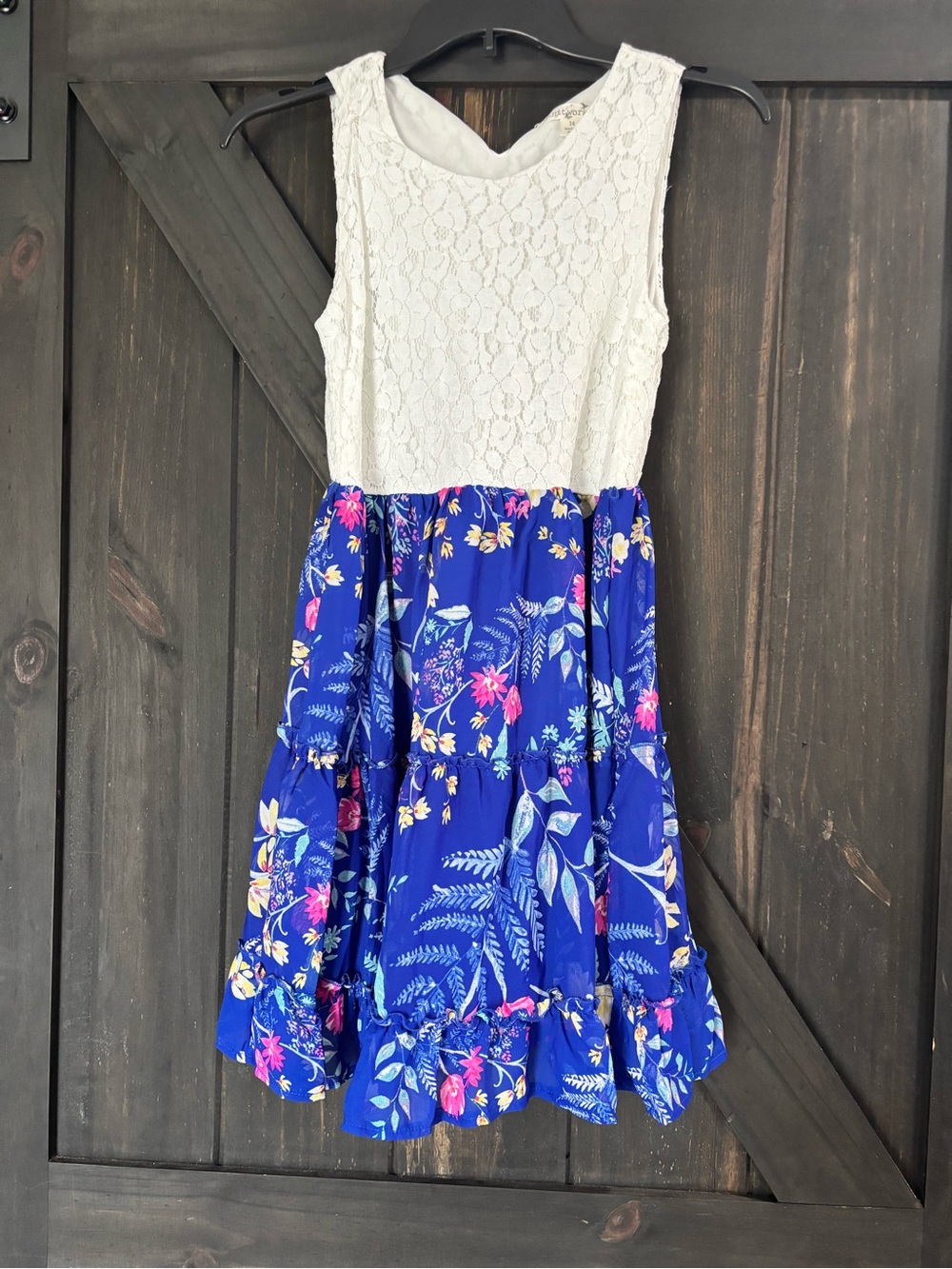 Knitworks White Lace Bodice & Royal Blue Floral Tiered Dress